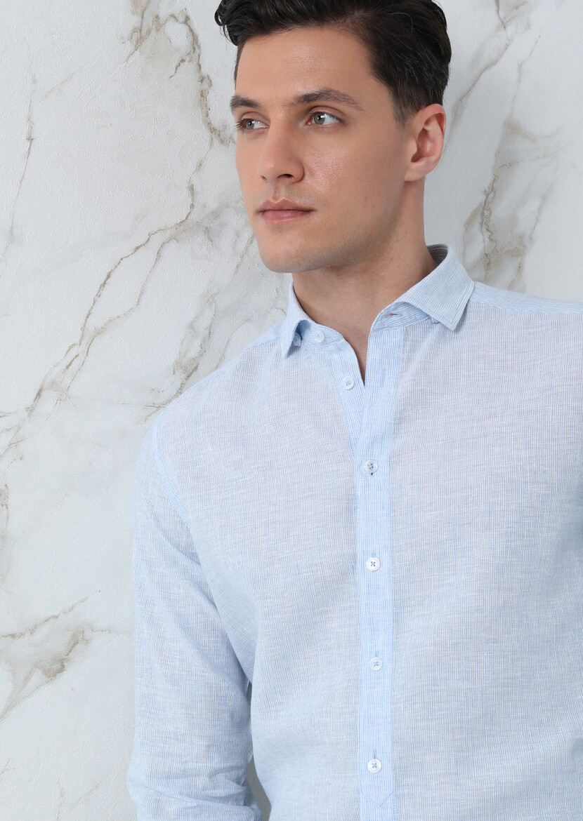 Blue Striped Regular Fit Long Weaving Casual Cotton Blended Shirt - 1
