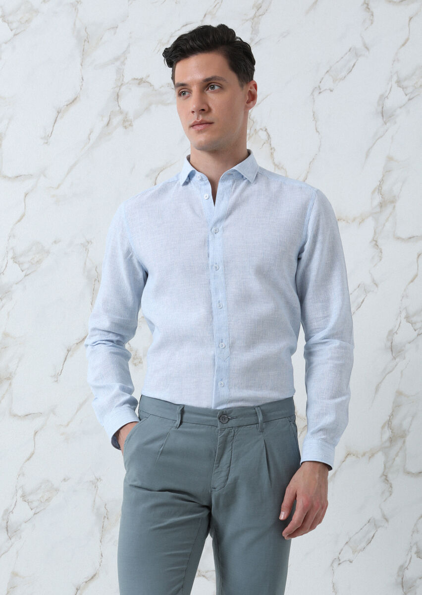 Blue Striped Regular Fit Long Weaving Casual Cotton Blended Shirt - 2