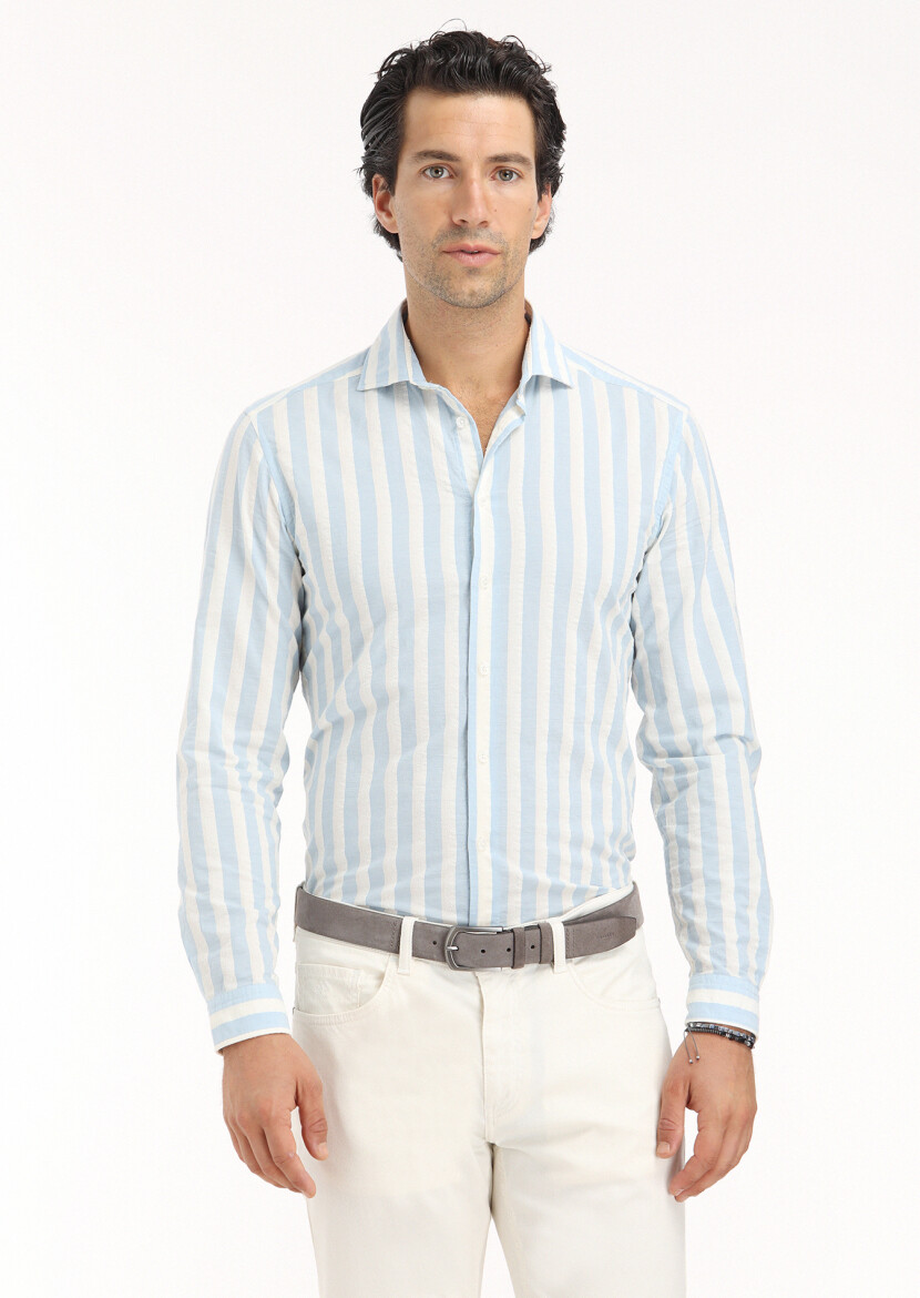 Blue Striped Regular Fit Long Weaving Casual Cotton Blended Shirt - 3