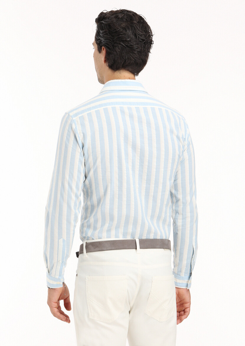 Blue Striped Regular Fit Long Weaving Casual Cotton Blended Shirt - 5