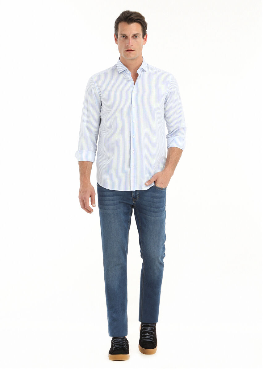 Blue Striped Regular Fit Long Weaving Casual Cotton Blended Shirt - 1