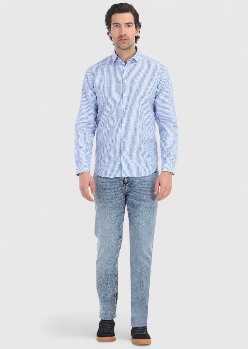 Blue Striped Regular Fit Long Weaving Casual Cotton Blended Shirt - 1