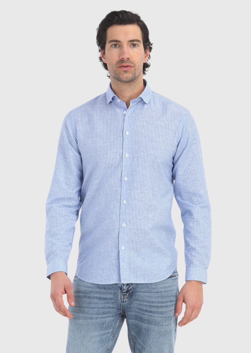 Blue Striped Regular Fit Long Weaving Casual Cotton Blended Shirt - 2