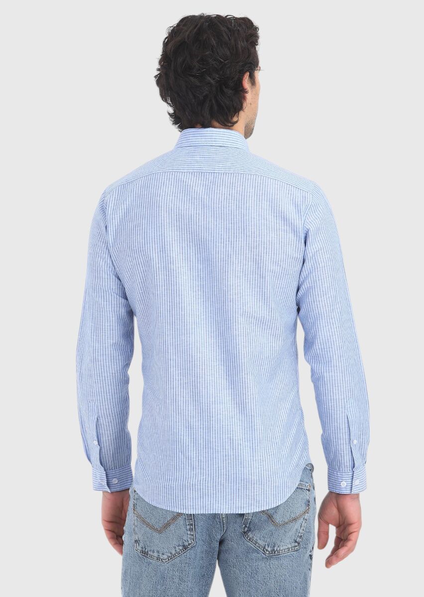 Blue Striped Regular Fit Long Weaving Casual Cotton Blended Shirt - 4