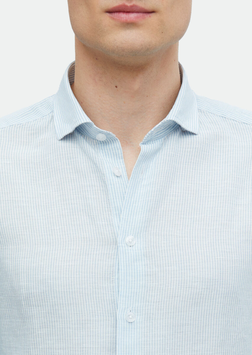 Blue Striped Regular Fit Long Weaving Casual Linen Blended Shirt - 4