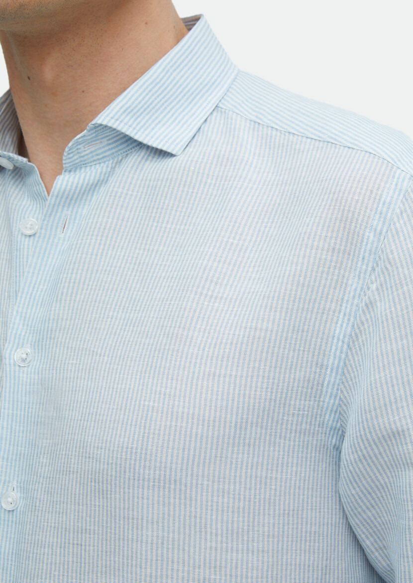Blue Striped Regular Fit Long Weaving Casual Linen Blended Shirt - 5