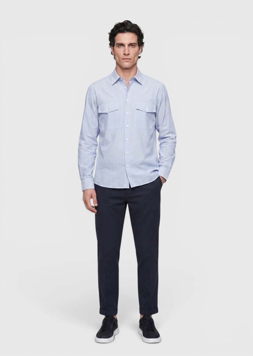 Blue Striped Regular Fit Long Weaving Casual Shirt - RAMSEY