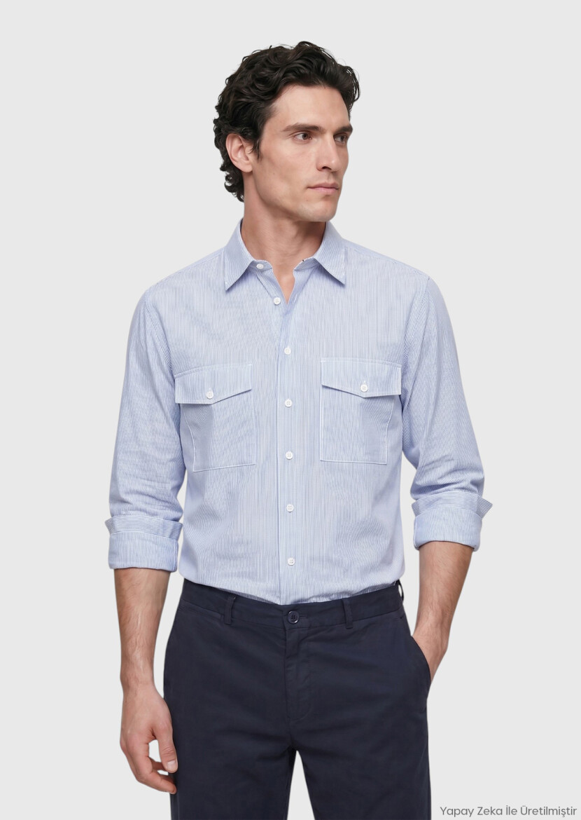 Blue Striped Regular Fit Long Weaving Casual Shirt 