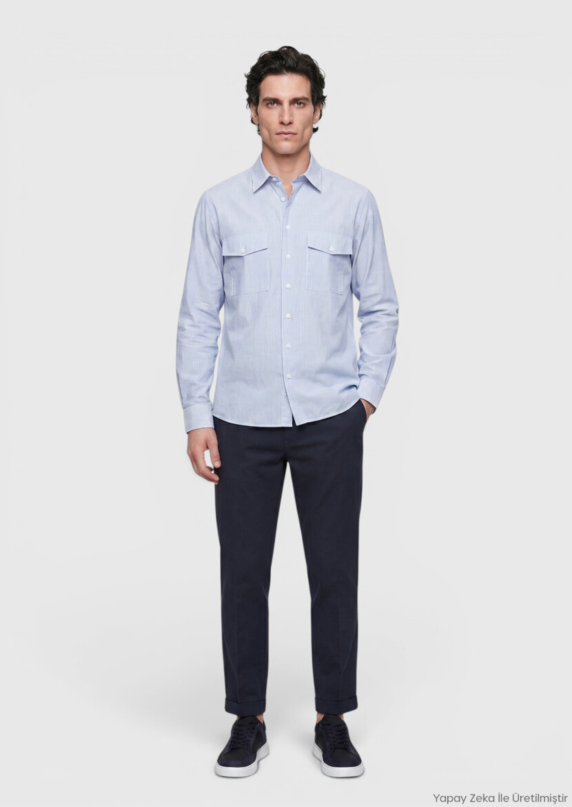 Blue Striped Regular Fit Long Weaving Casual Shirt - RAMSEY