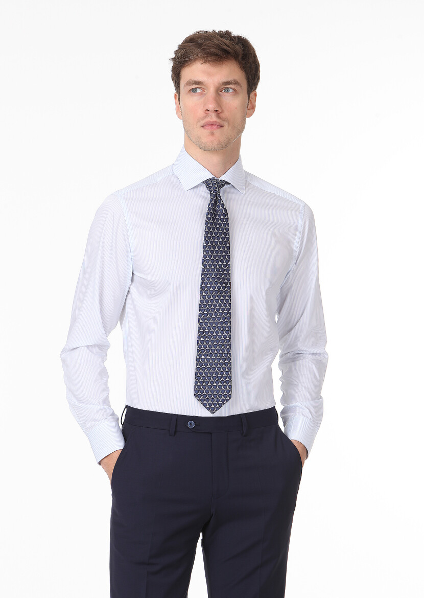 Blue Striped Regular Fit Long Weaving Classical 100% Cotton Shirt - 1