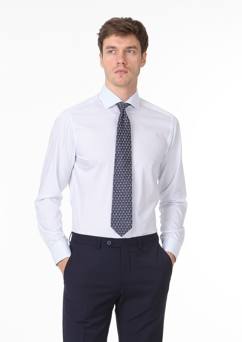 Blue Striped Regular Fit Long Weaving Classical 100% Cotton Shirt - 1