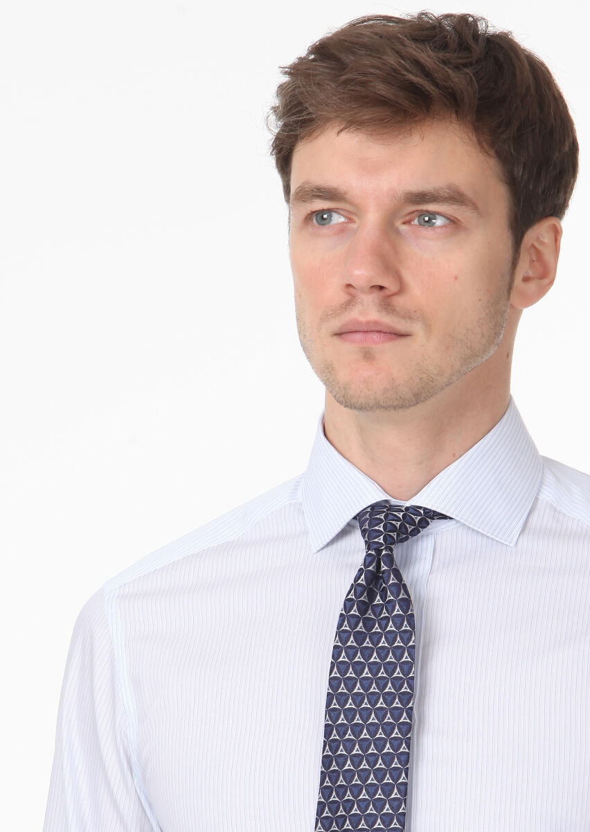 Blue Striped Regular Fit Long Weaving Classical 100% Cotton Shirt - 2