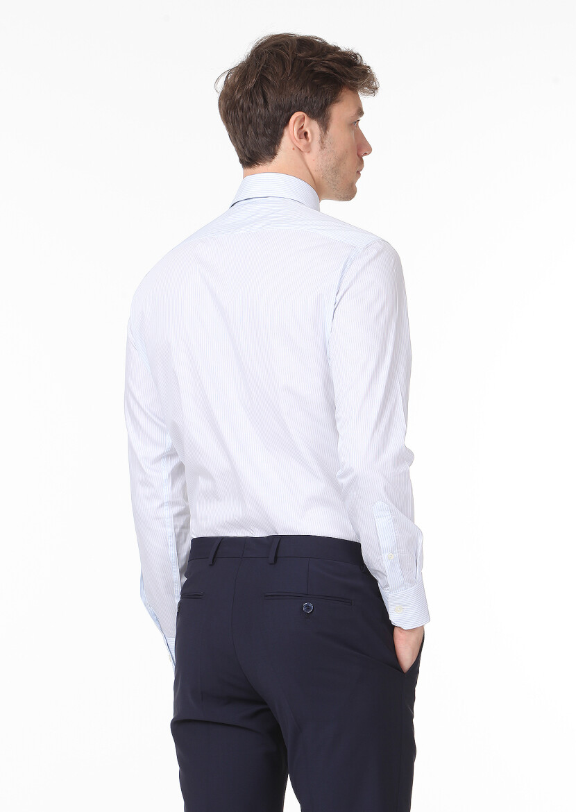 Blue Striped Regular Fit Long Weaving Classical 100% Cotton Shirt - 4