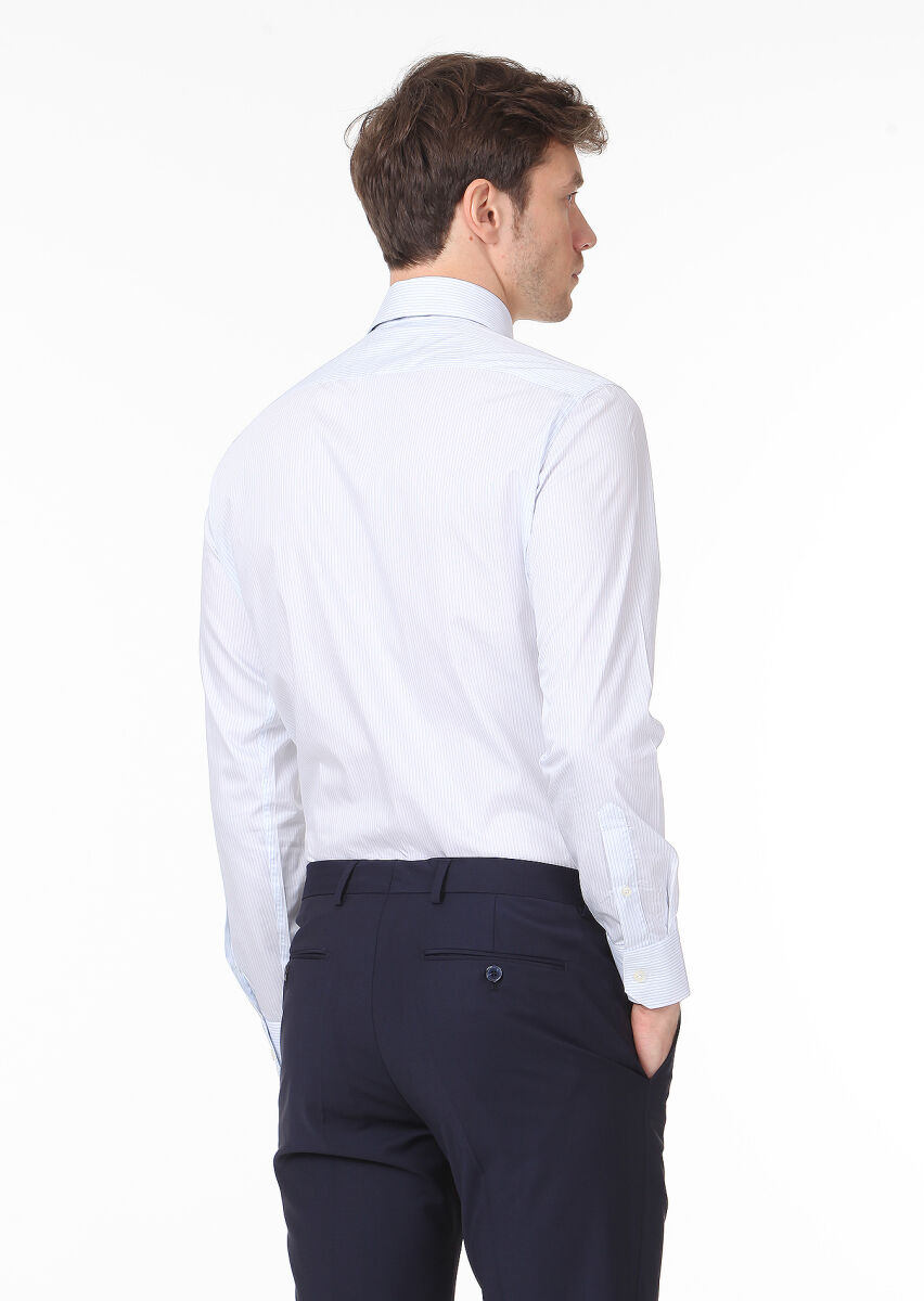 Blue Striped Regular Fit Long Weaving Classical 100% Cotton Shirt - 4