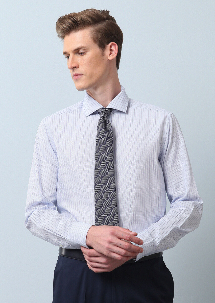 Blue Striped Regular Fit Long Weaving Classical 100% Cotton Shirt - 1