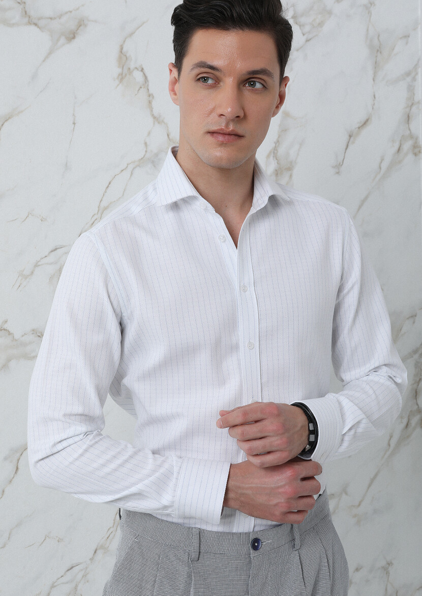 Blue Striped Regular Fit Long Weaving Classical 100% Cotton Shirt - 1
