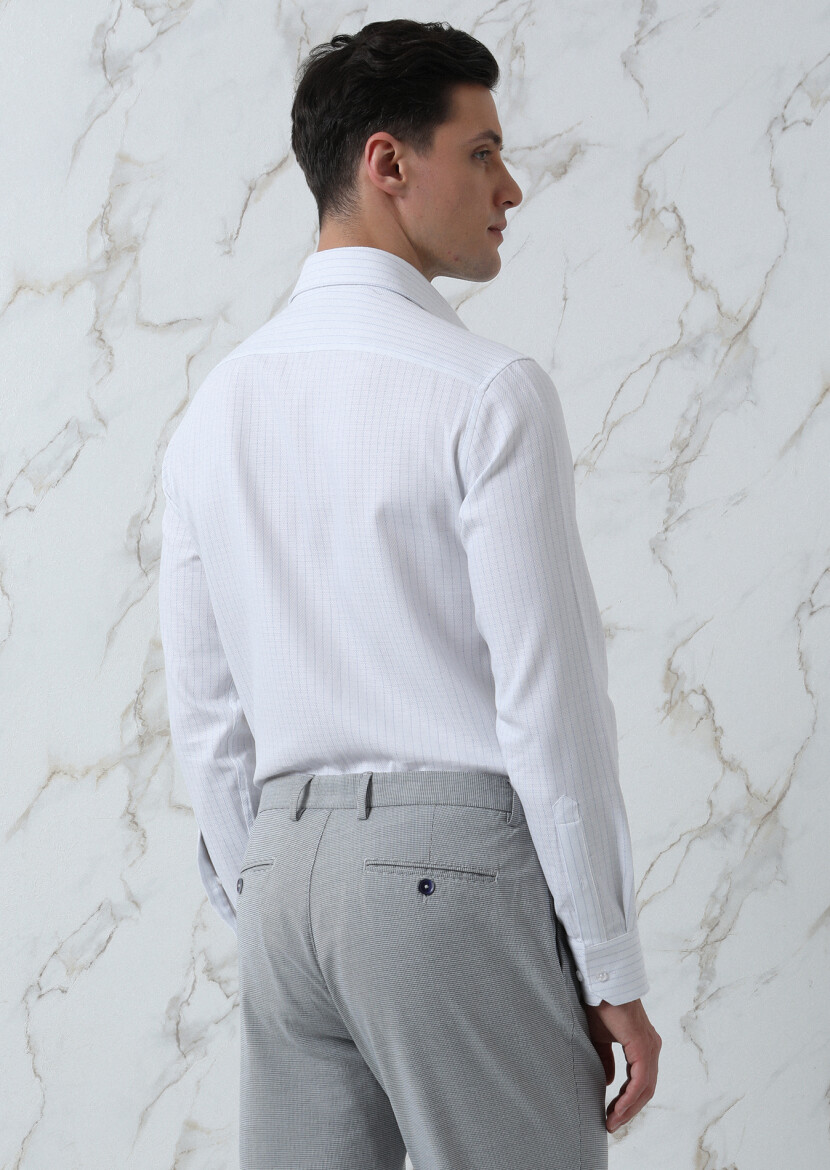 Blue Striped Regular Fit Long Weaving Classical 100% Cotton Shirt - 5