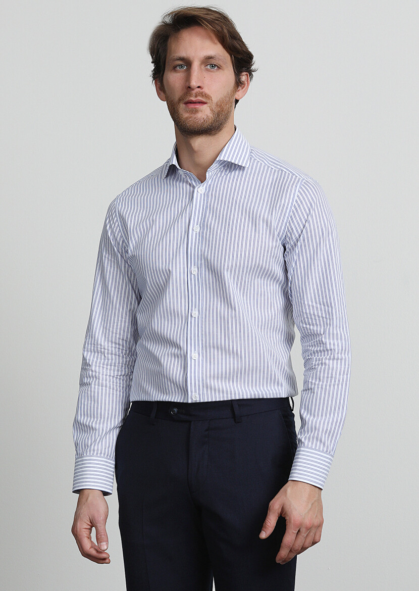 Blue Striped Regular Fit Long Weaving Classical 100% Cotton Shirt - 2