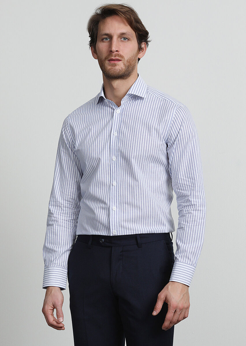 Blue Striped Regular Fit Long Weaving Classical 100% Cotton Shirt - 2
