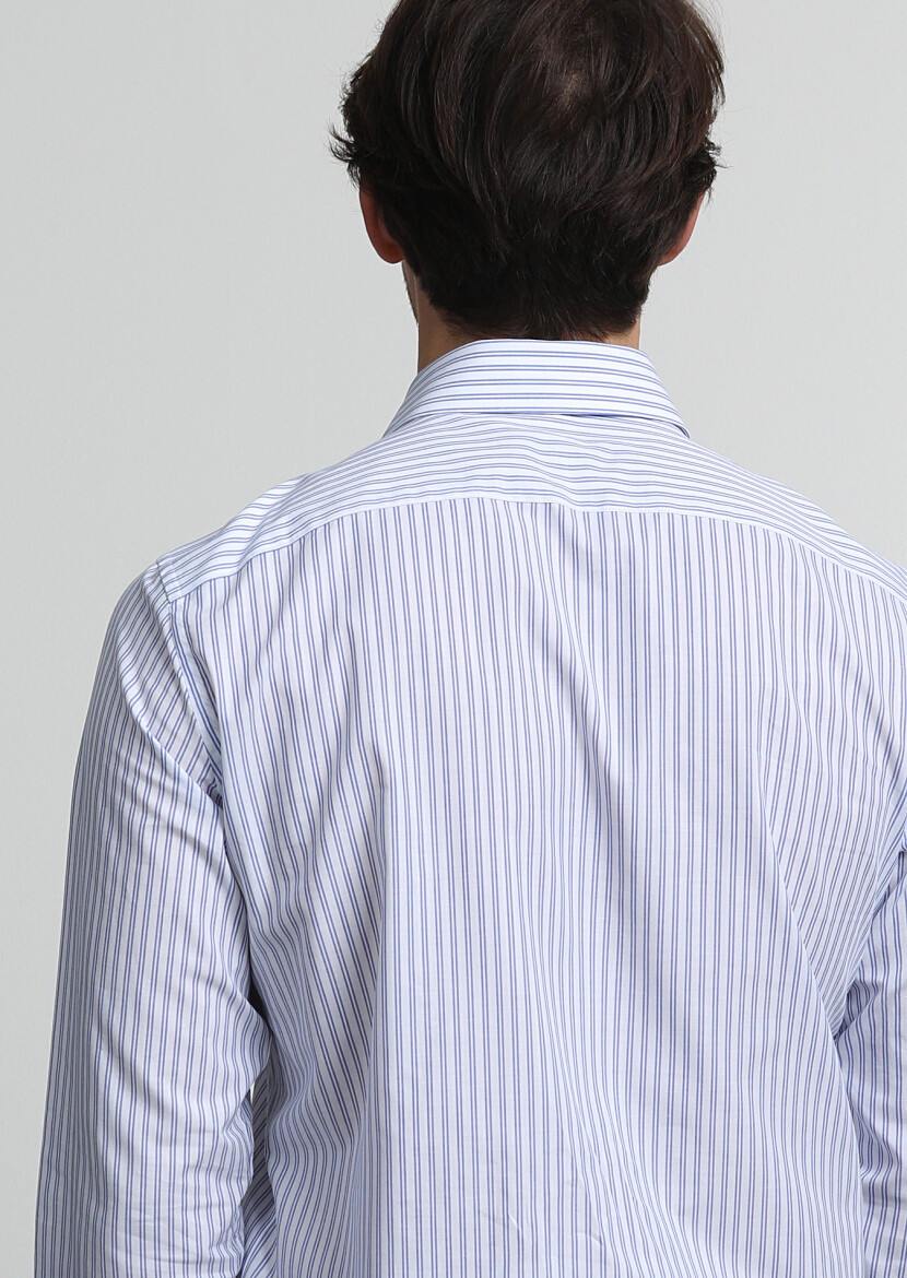 Blue Striped Regular Fit Long Weaving Classical 100% Cotton Shirt - 3