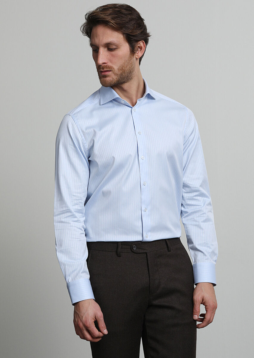 Blue Striped Regular Fit Long Weaving Classical 100% Cotton Shirt - 1