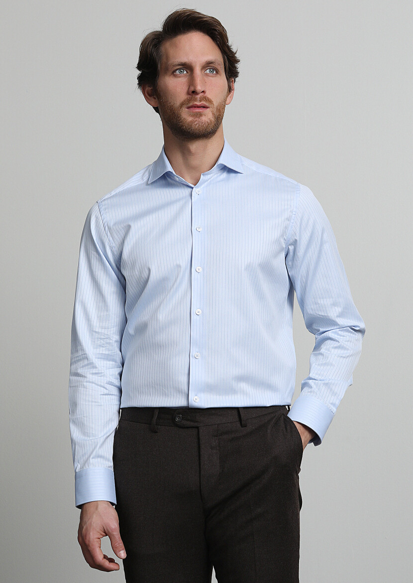 Blue Striped Regular Fit Long Weaving Classical 100% Cotton Shirt - 3