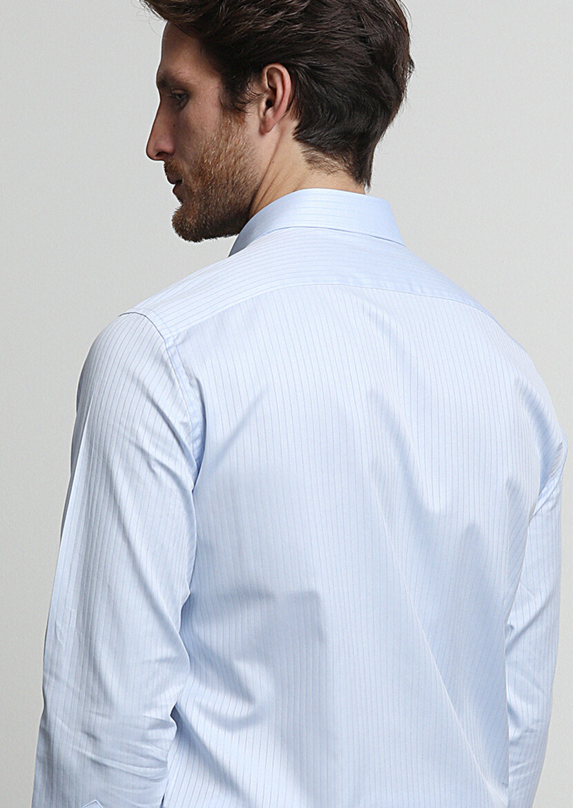Blue Striped Regular Fit Long Weaving Classical 100% Cotton Shirt - 4
