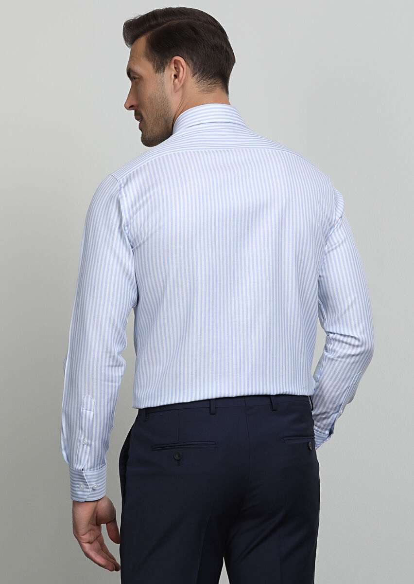 Blue Striped Regular Fit Long Weaving Classical 100% Cotton Shirt - 4
