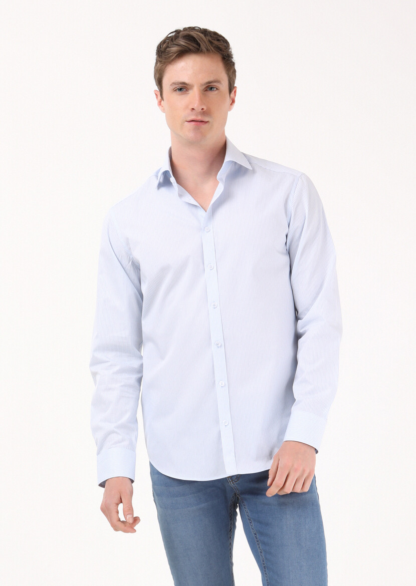 Blue Striped Regular Fit Long Weaving Classical 100% Cotton Shirt - 2