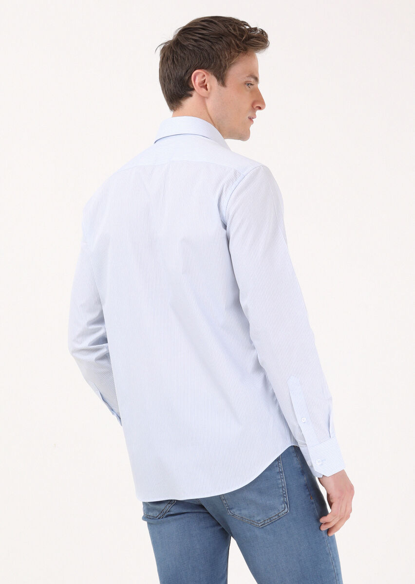 Blue Striped Regular Fit Long Weaving Classical 100% Cotton Shirt - 5
