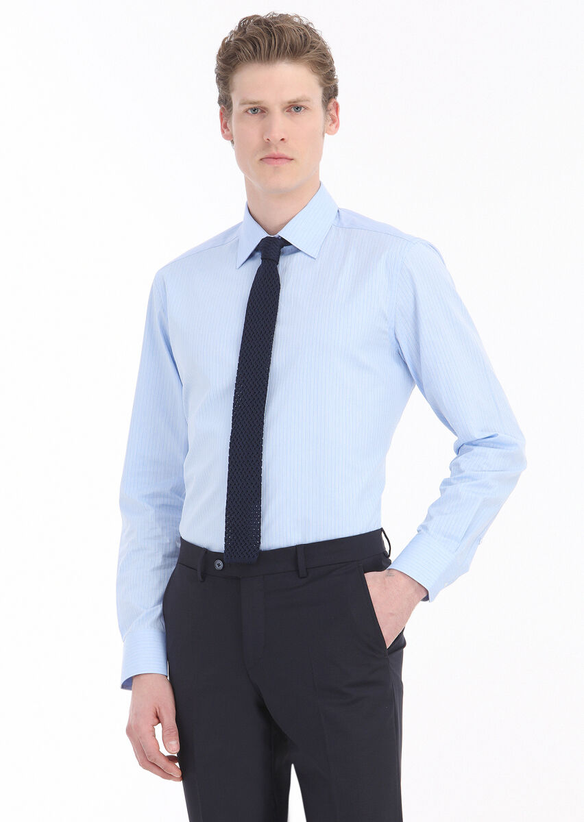 Blue Striped Regular Fit Long Weaving Classical 100% Cotton Shirt - 2