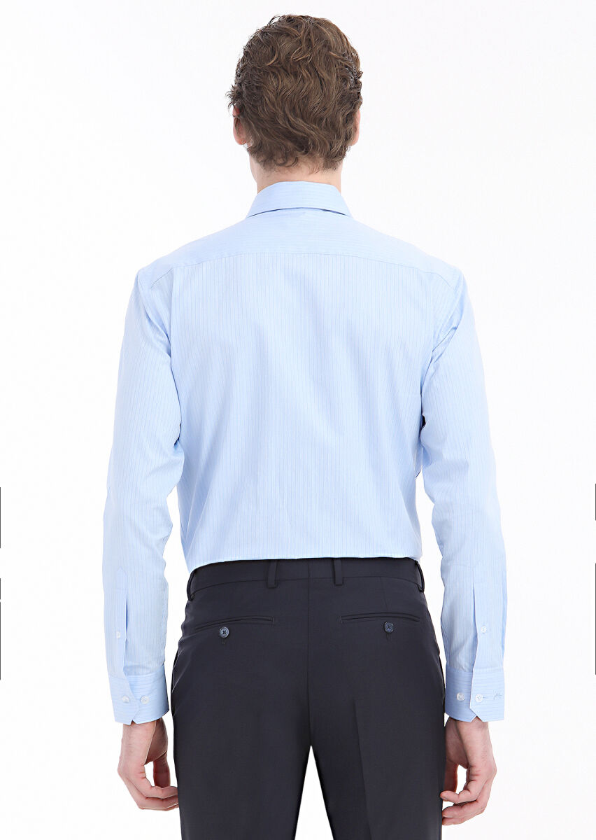 Blue Striped Regular Fit Long Weaving Classical 100% Cotton Shirt - 5