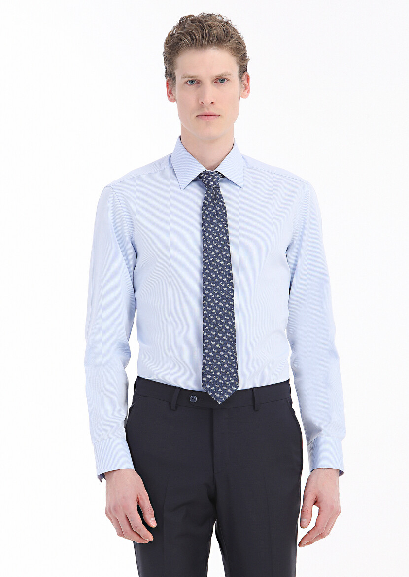 Blue Striped Regular Fit Long Weaving Classical 100% Cotton Shirt 