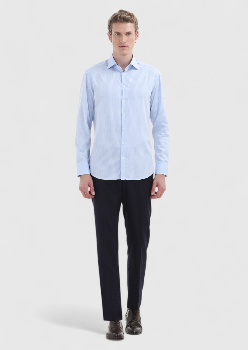 Blue Striped Regular Fit Long Weaving Classical 100% Cotton Shirt - 1