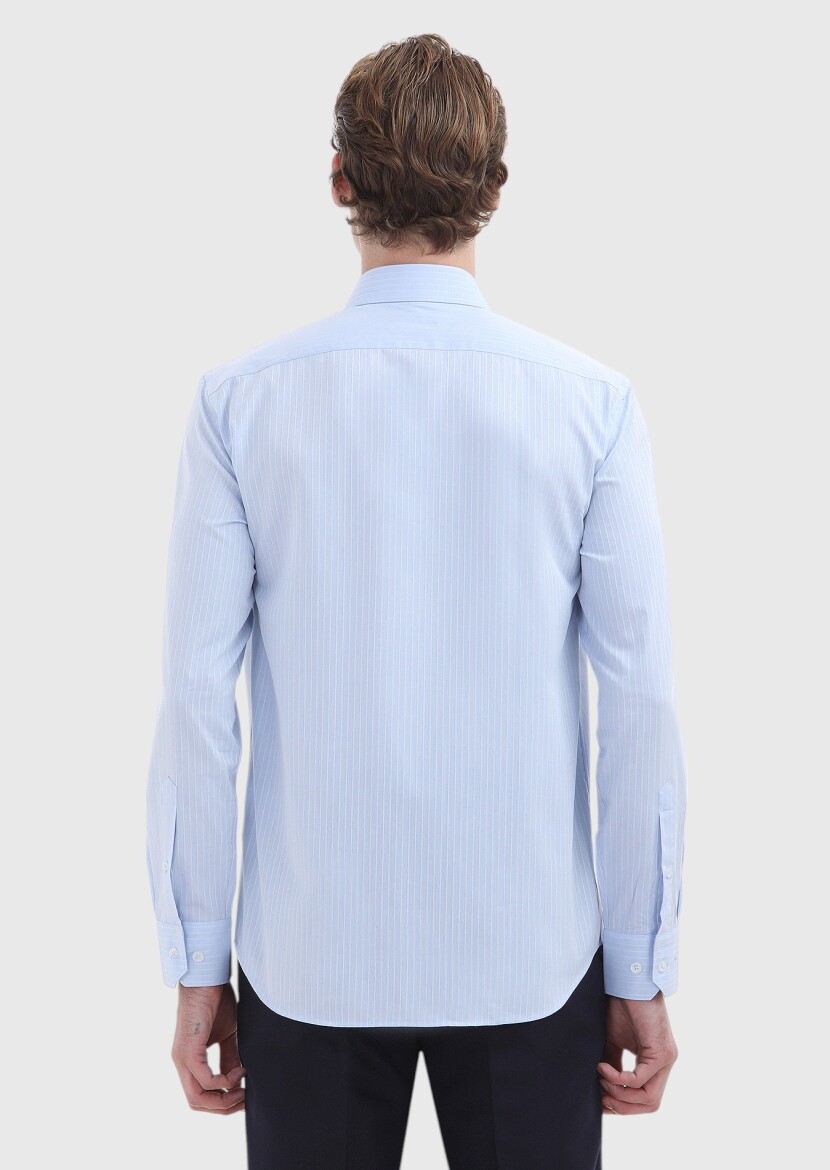 Blue Striped Regular Fit Long Weaving Classical 100% Cotton Shirt - 5