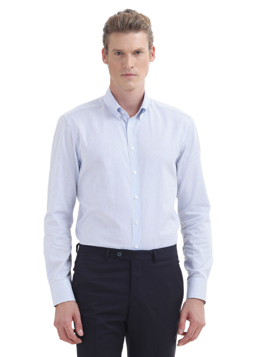 Blue Striped Regular Fit Long Weaving Classical 100% Cotton Shirt - 1