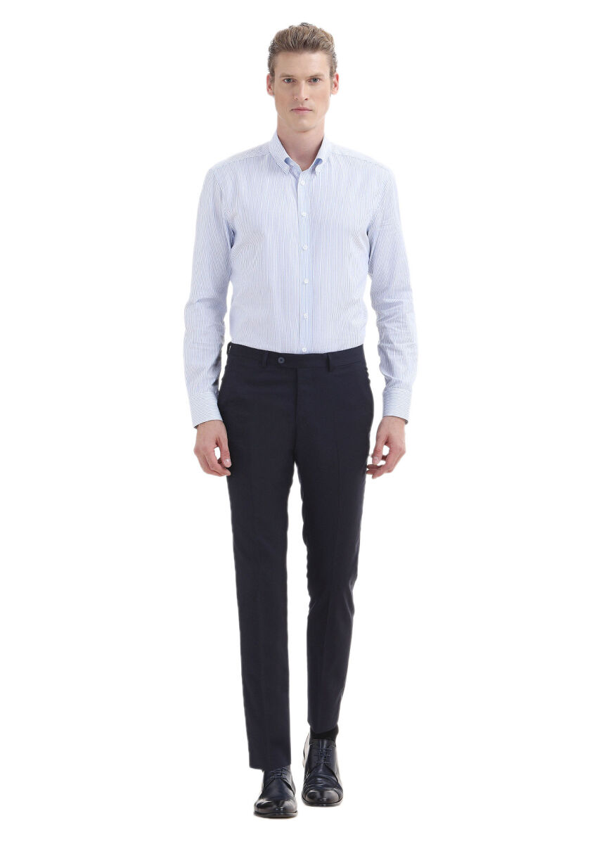 Blue Striped Regular Fit Long Weaving Classical 100% Cotton Shirt - 2