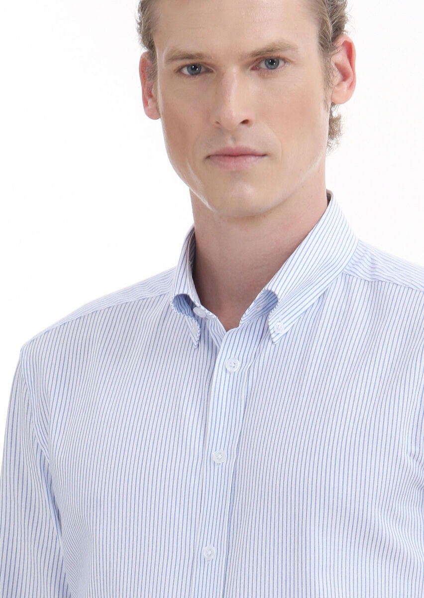 Blue Striped Regular Fit Long Weaving Classical 100% Cotton Shirt - 3