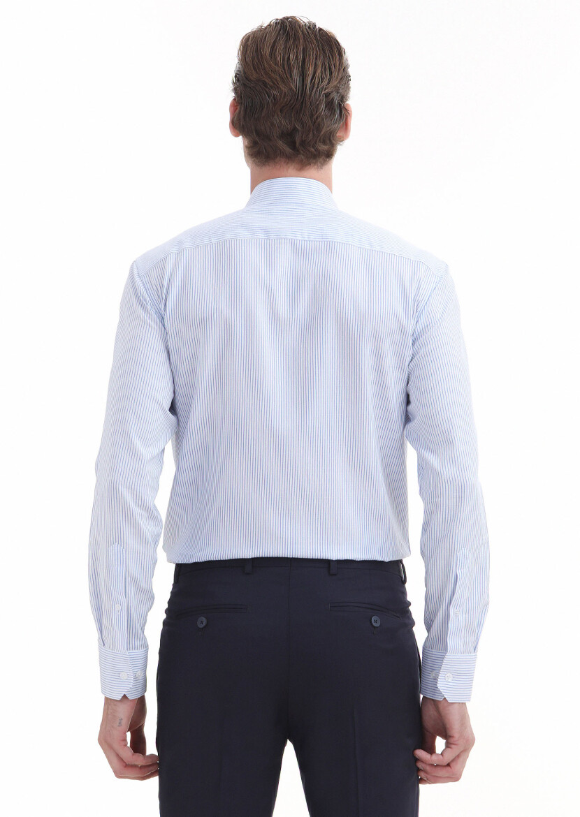 Blue Striped Regular Fit Long Weaving Classical 100% Cotton Shirt - 4