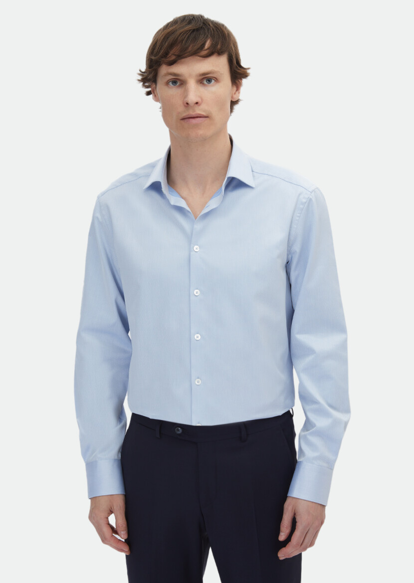 Blue Striped Regular Fit Long Weaving Classical 100% Cotton Shirt - 1