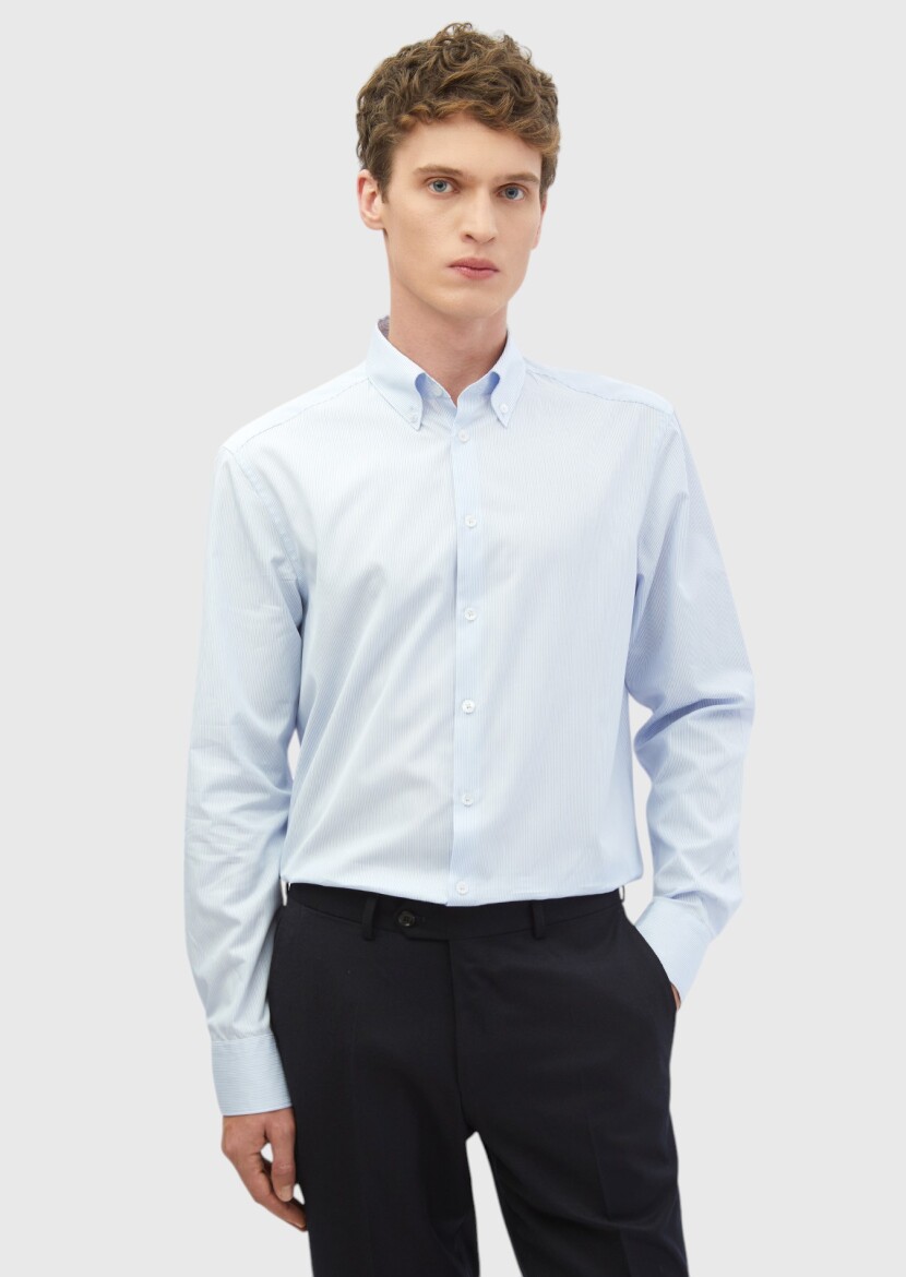 Blue Striped Regular Fit Long Weaving Classical 100% Cotton Shirt - 1