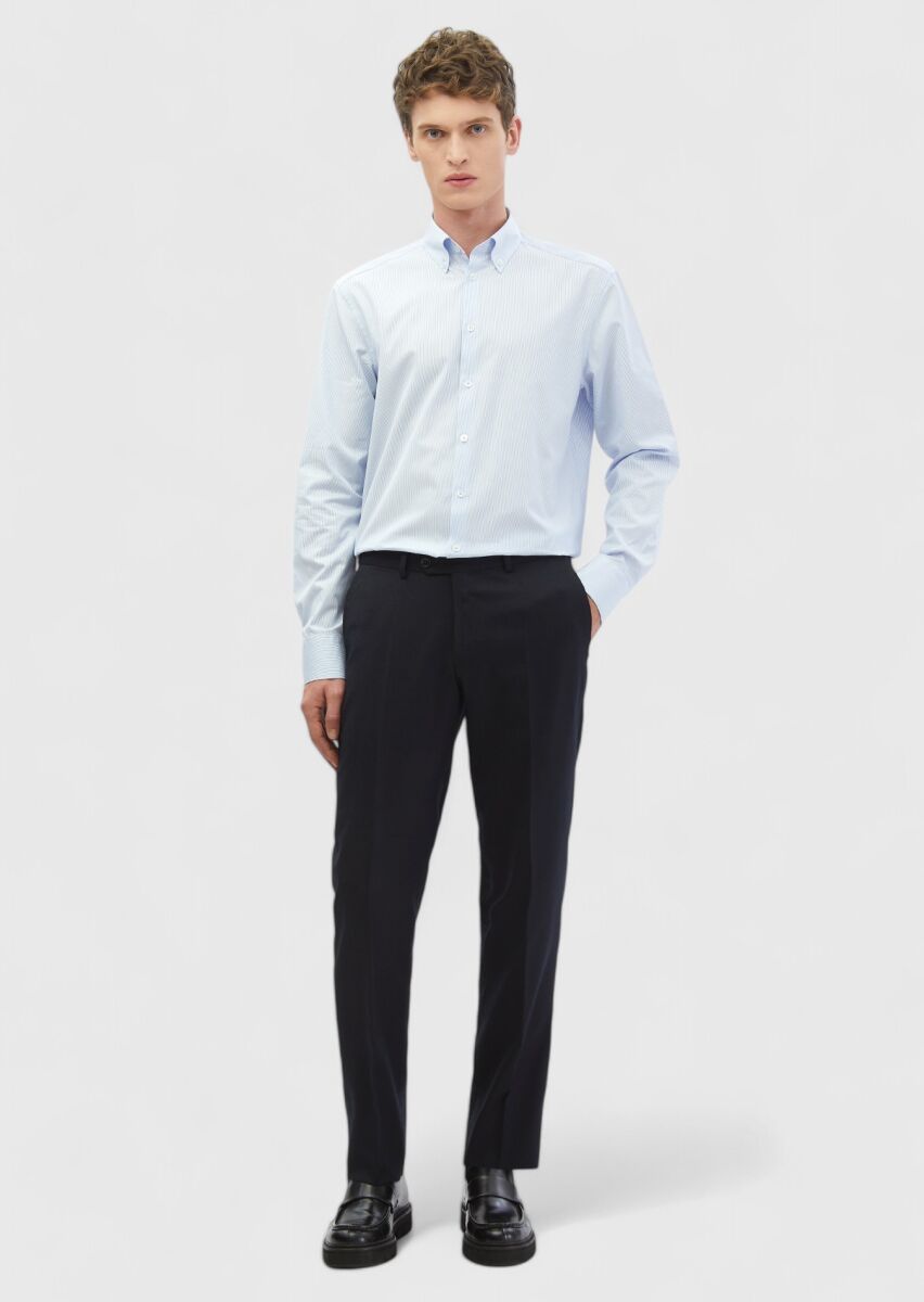 Blue Striped Regular Fit Long Weaving Classical 100% Cotton Shirt - 2