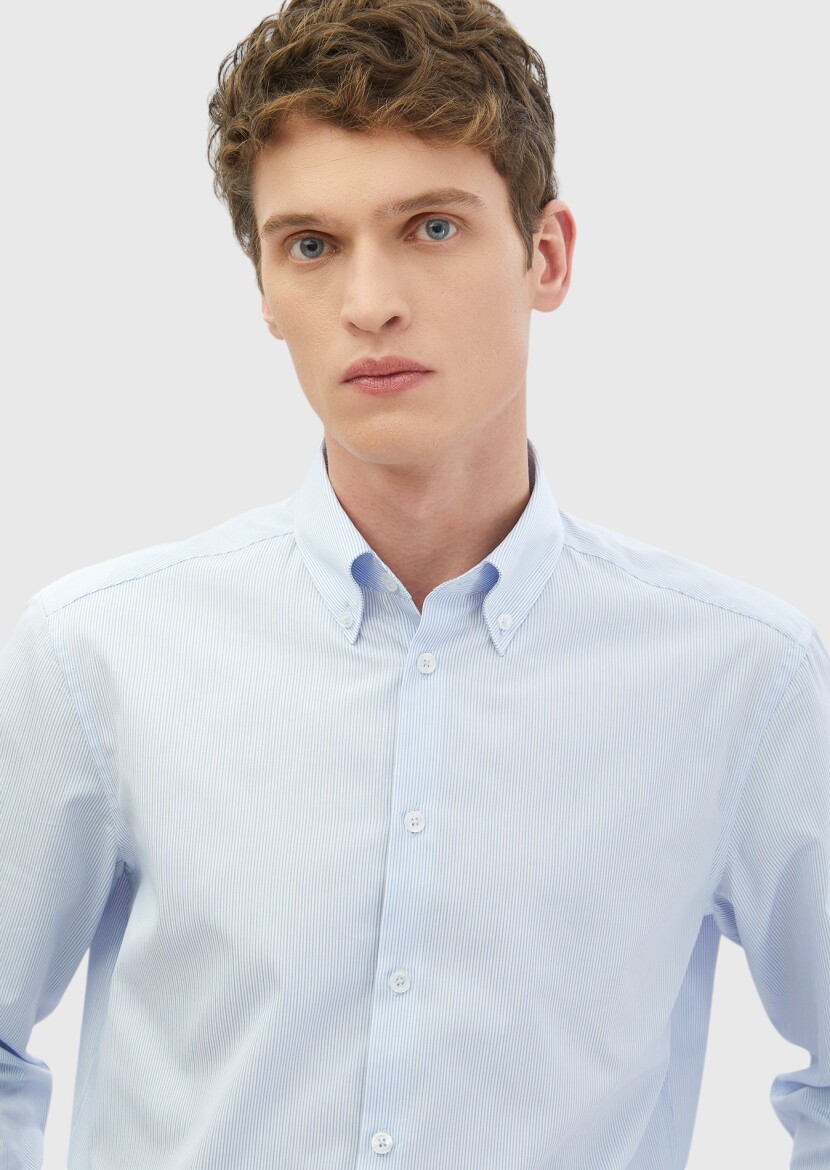 Blue Striped Regular Fit Long Weaving Classical 100% Cotton Shirt - 3