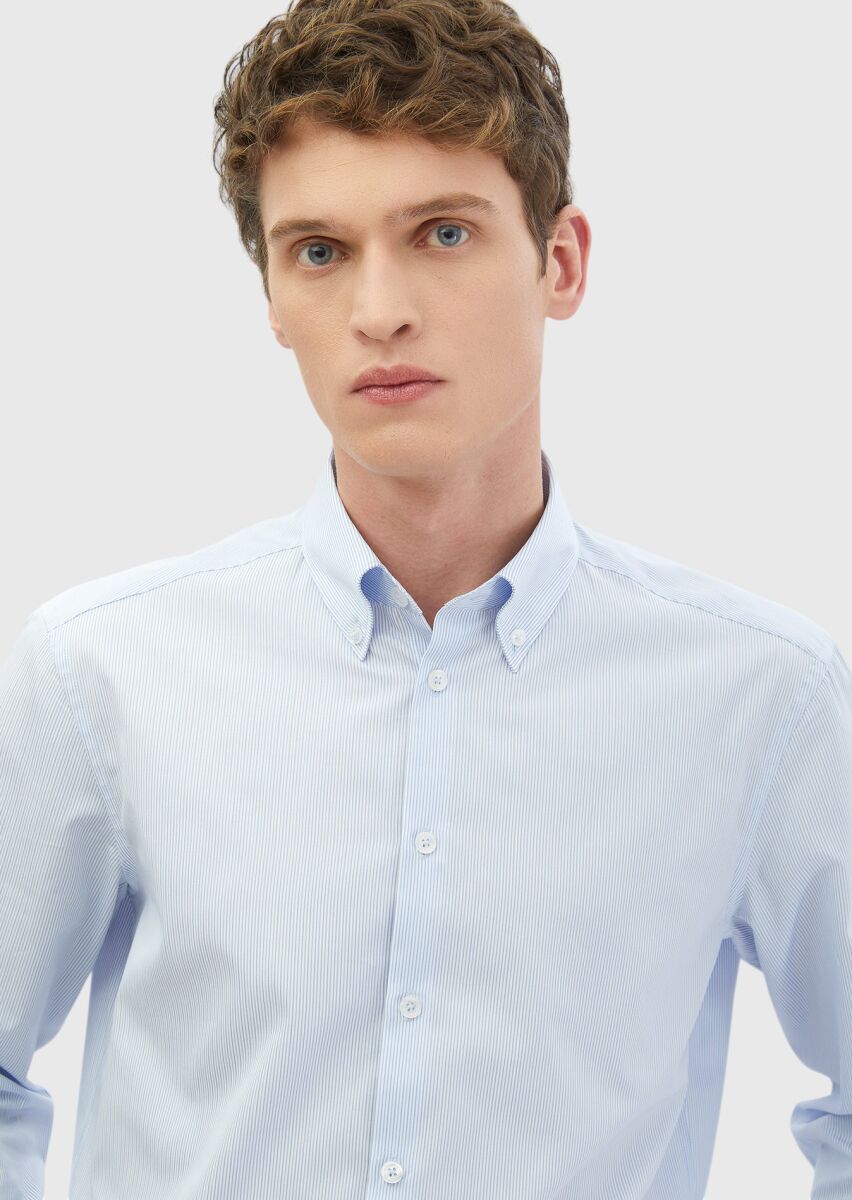 Blue Striped Regular Fit Long Weaving Classical 100% Cotton Shirt - 3