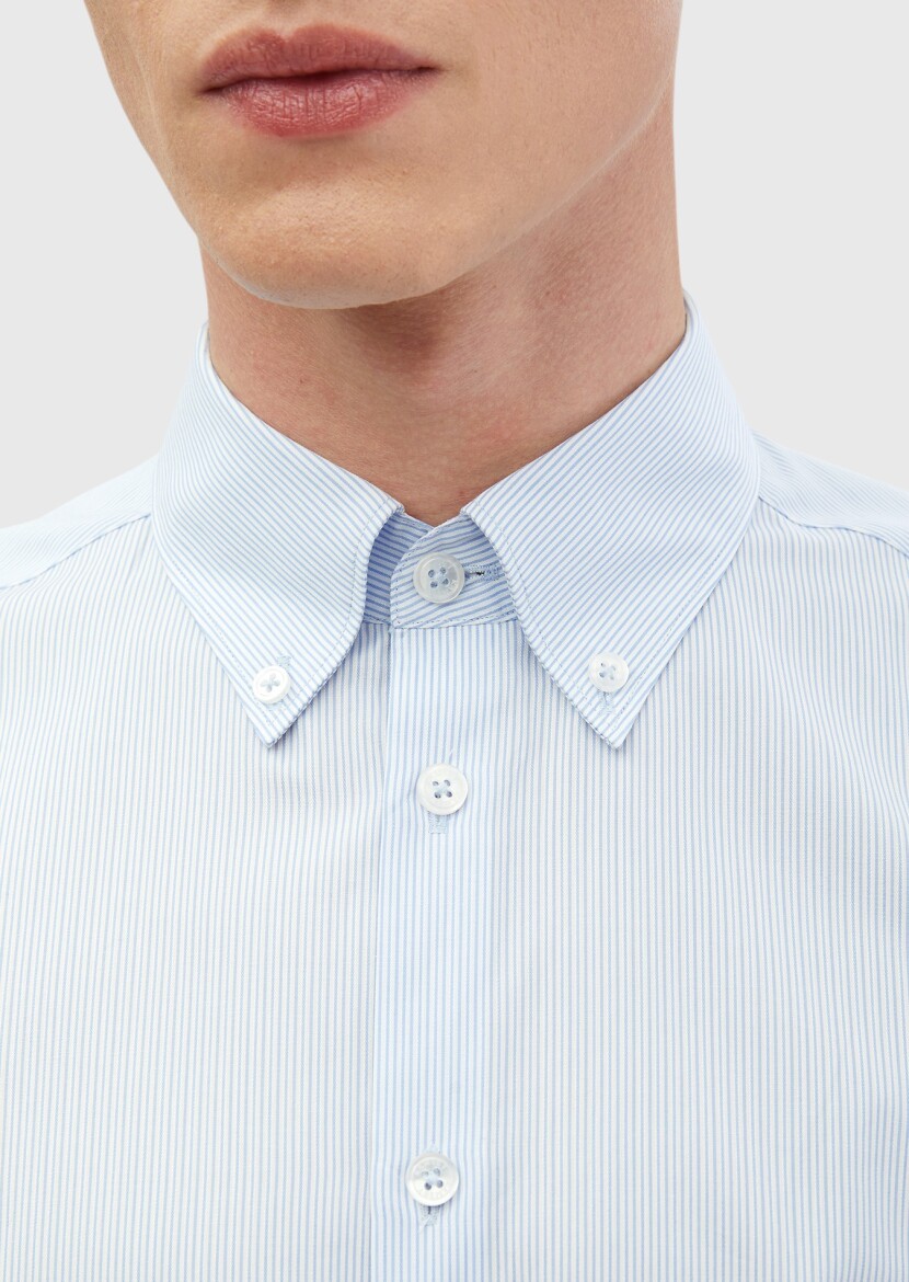 Blue Striped Regular Fit Long Weaving Classical 100% Cotton Shirt - 4