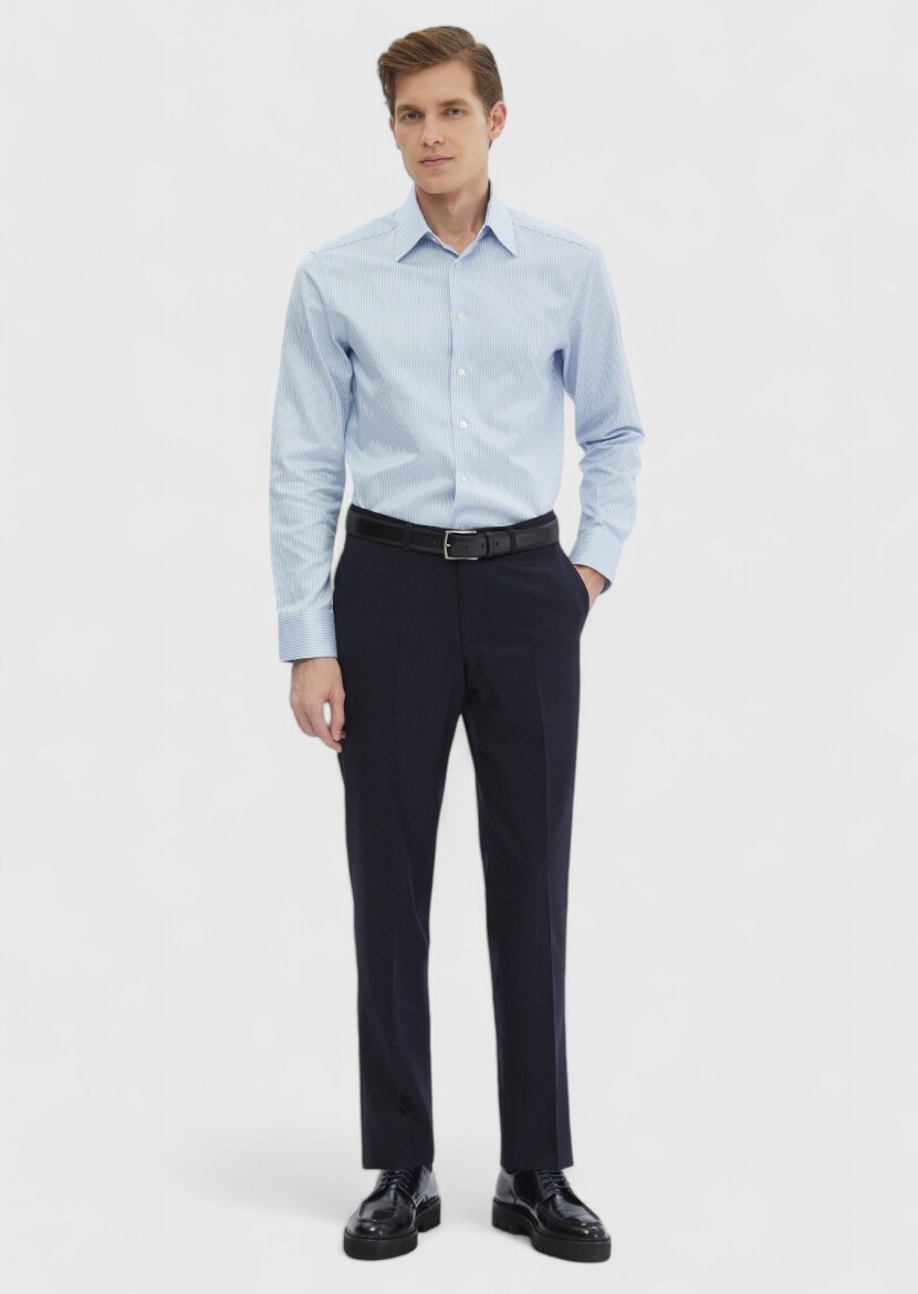 Blue Striped Regular Fit Long Weaving Classical 100% Cotton Shirt - RAMSEY
