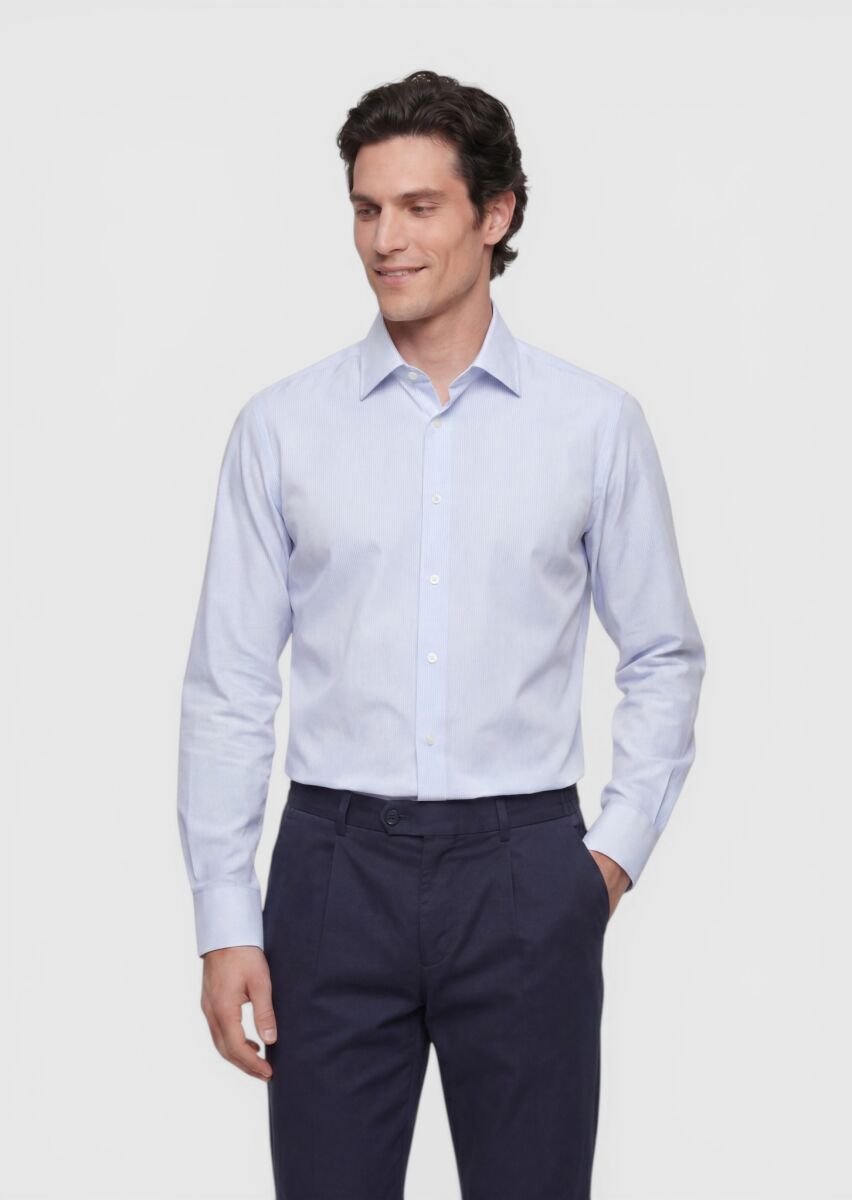 Blue Striped Regular Fit Long Weaving Classical 100% Cotton Shirt - 1