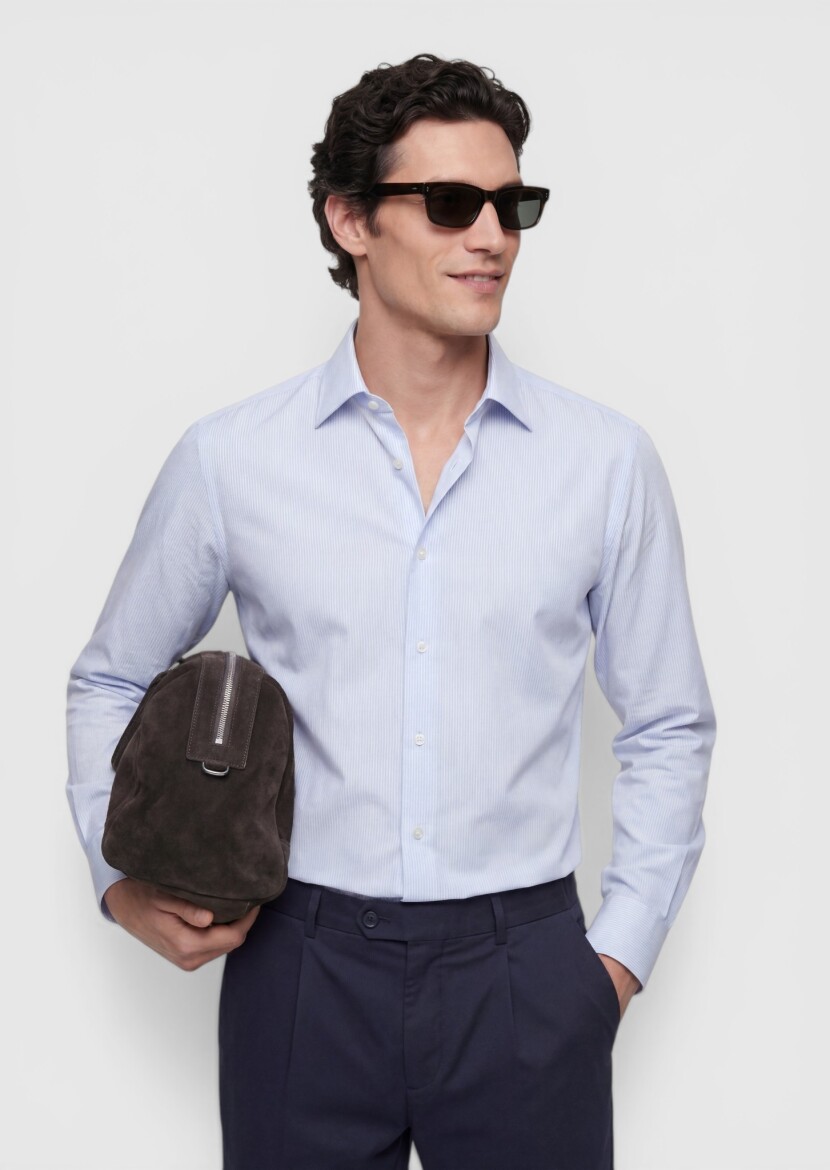 Blue Striped Regular Fit Long Weaving Classical 100% Cotton Shirt - RAMSEY