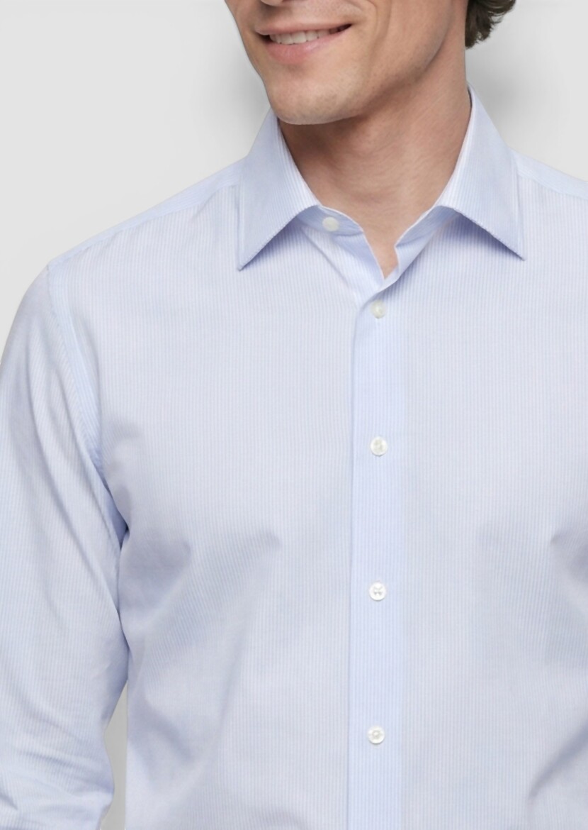 Blue Striped Regular Fit Long Weaving Classical 100% Cotton Shirt - 3