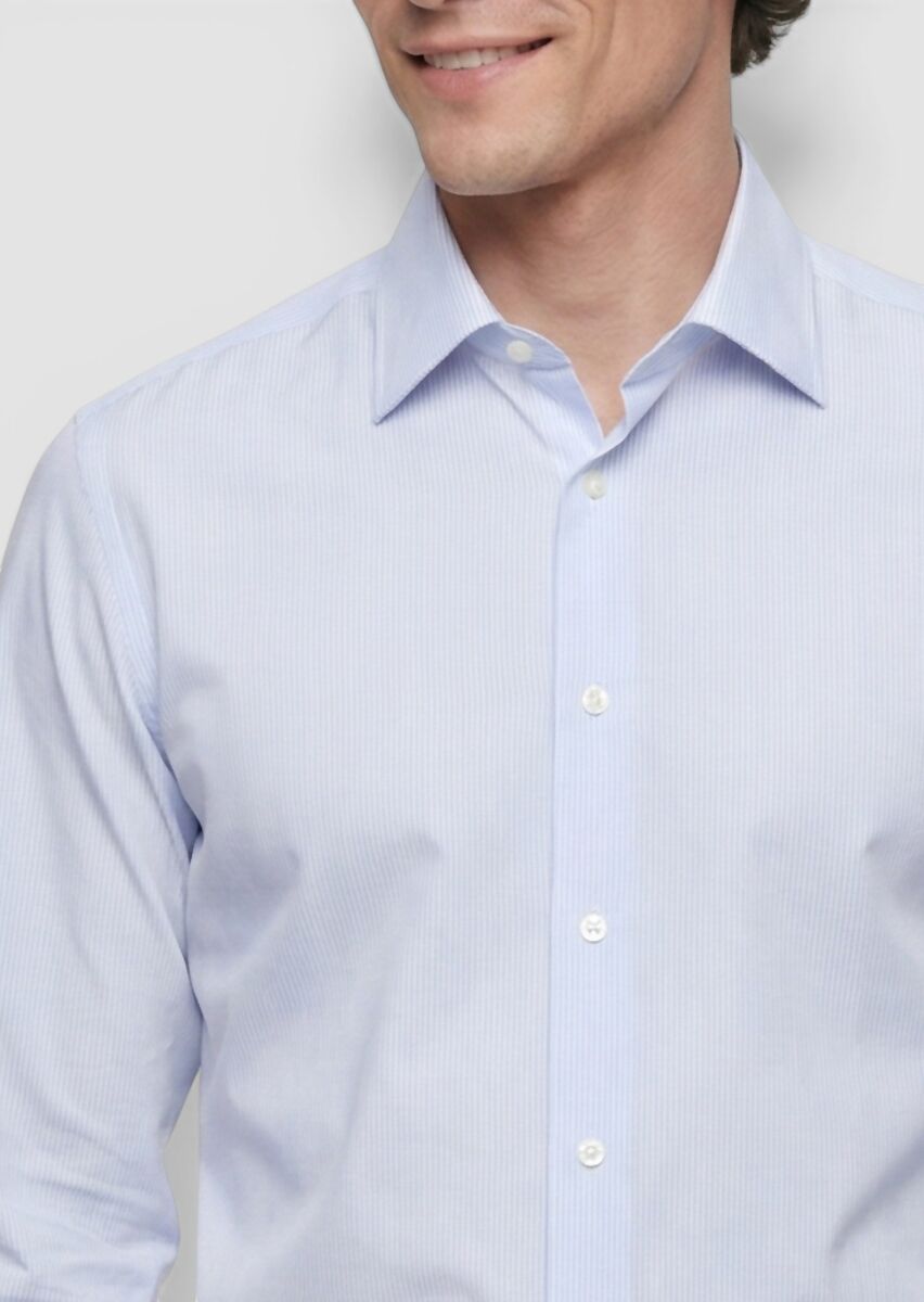 Blue Striped Regular Fit Long Weaving Classical 100% Cotton Shirt - 3